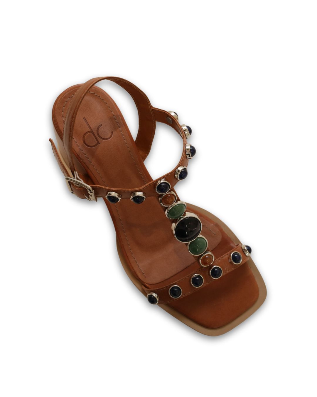 Sandália Pedraria Salto Bloco em Couro Legítimo Caramelo Heloísa