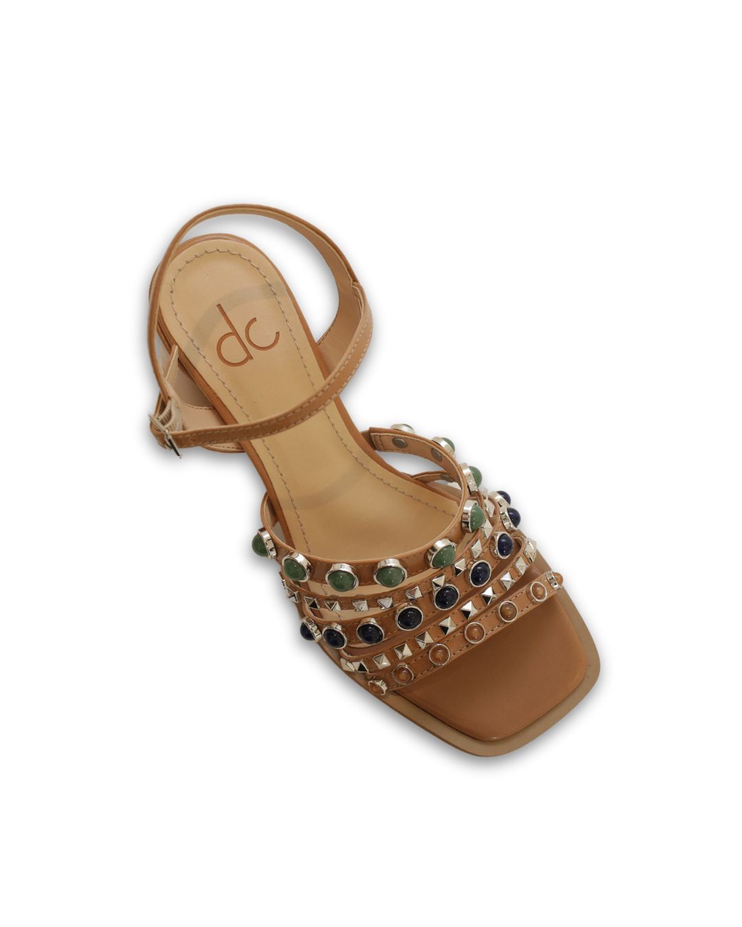 Sandália Pedraria Salto Bloco em Couro Legítimo Bege Sophia