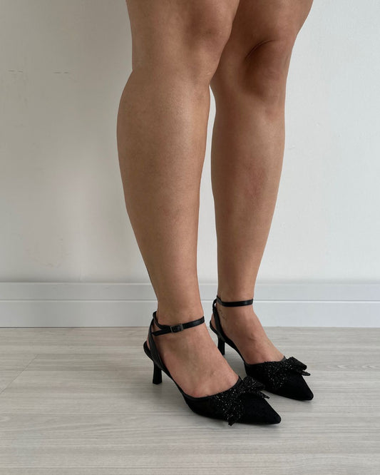 Scarpin Em Tela Salto Baixo Preto Madson